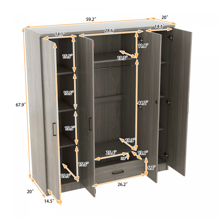 Armoire Christ En Bois De 59,2\" Avec 4 Portes, Tiroir Et Espace De Rangement Suspendu, Grise