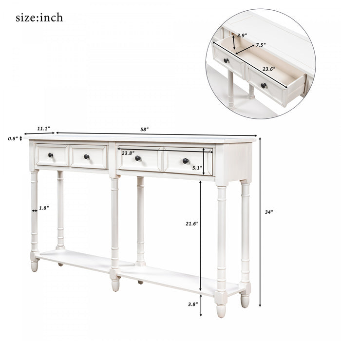 Table Console Phyllis En Bois Massif Avec Tiroirs Et Etagere Inferieure - Ivoire Blanc