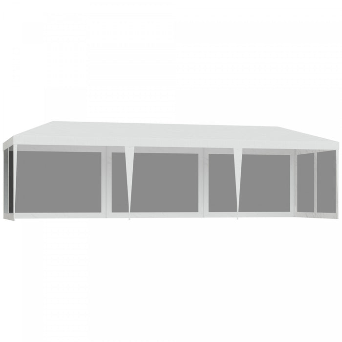Tente De Fete Portable Outsunny 10 X 28 Pieds, Tonnelle De Fete De Mariage Pour Repas De Jardin Et Exterieur Avec 5 Parois Laterales Amovibles, Blanc