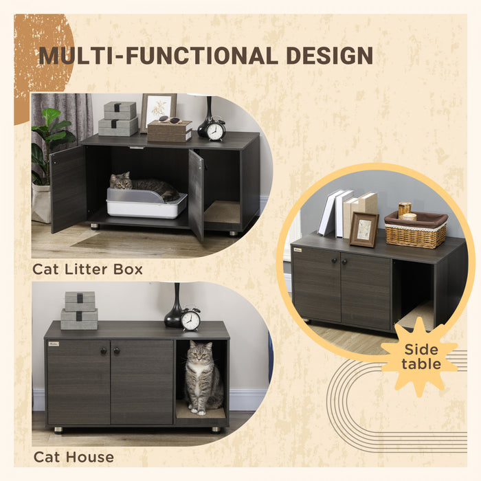 Pawhut Boitier De Litiere Pour Chat, Meuble De Toilette Cache Industriel Pour Chat, Table D'extremite Avec Double Porte Et Tapis A Gratter Pour Le Salon, La Chambre A Coucher, Le Couloir, Noir
