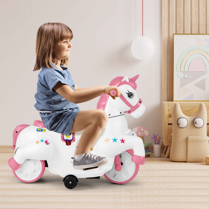 Costway 12v Enfants Monter Sur Jouet Unicorne Avec Roues D'entrainement Musique Un Bouton Demarrer Cheval Jouet Rose