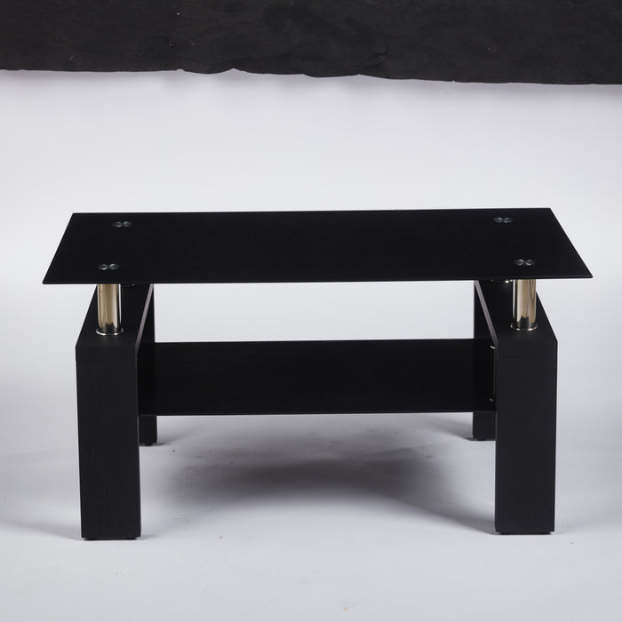 Table basse moderne Lucius au design geometrique en verre trempe avec cadre en metal et verre transparent, noir