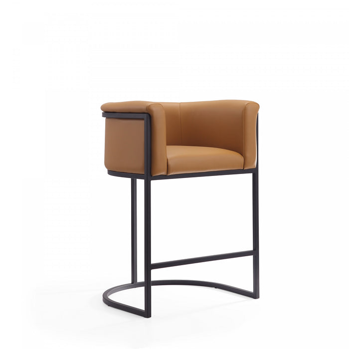 Tabouret de comptoir moderne du milieu du siecle en metal et tissu, coloris camel - Lot de 3