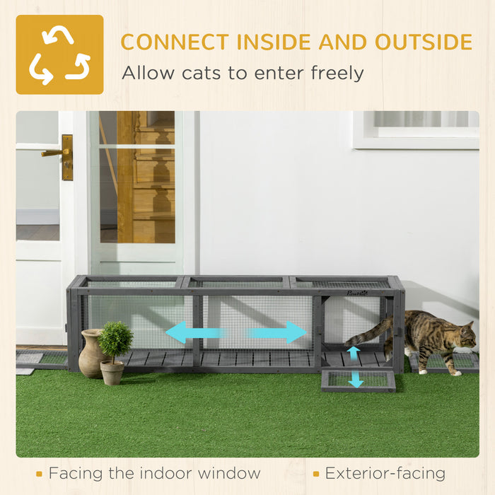 Pawhut Tunnel Pour Chat De 59\" Avec Design Extensible, Tunnel En Bois Pour Chat Avec Protection Contre Les Intemperies, Connexion A L'interieur Et A L'exterieur Pour Patios, Balcons