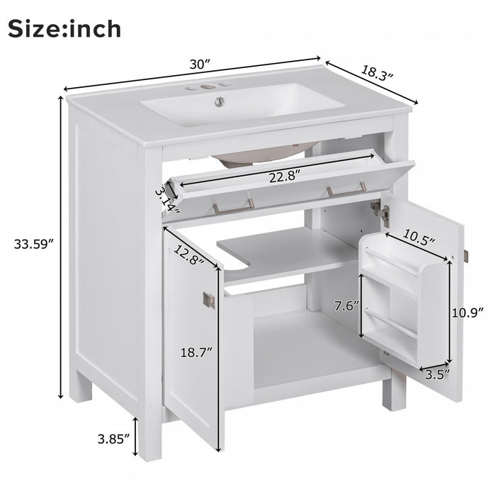 Meuble de salle de bain moderne Baker 30 pouces avec lavabo ceramique et rangement, blanc