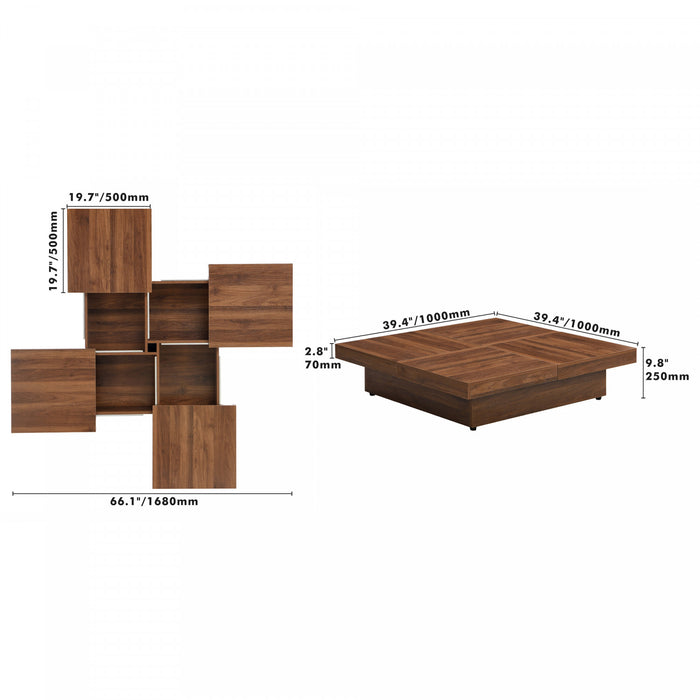 Table Basse Carree Jack De 39,4\" En Bois Composite Avec Plateau Coulissant Et Rangement, Finition Noyer