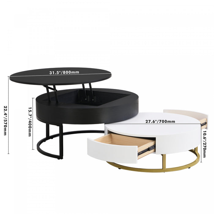 Table Basse Gigogne Ronde Sherry De 31,5\" En Bois Composite Avec Plateau Relevable Et Tiroirs, Noire