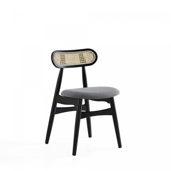 Chaise de salle a manger Colbert Industry Chic a dossier cannage en bois et assise rembourree, noir et gris - Lot de 4