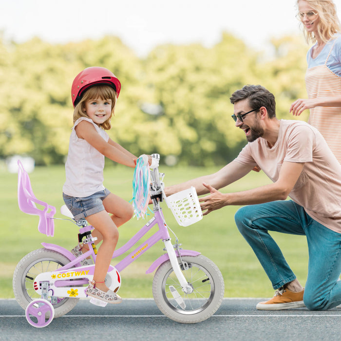 Costway 14 Pouces Enfants Velo Avec Roues D'entrainement Poupee Siege Panier Streamers Frein A Main Violet