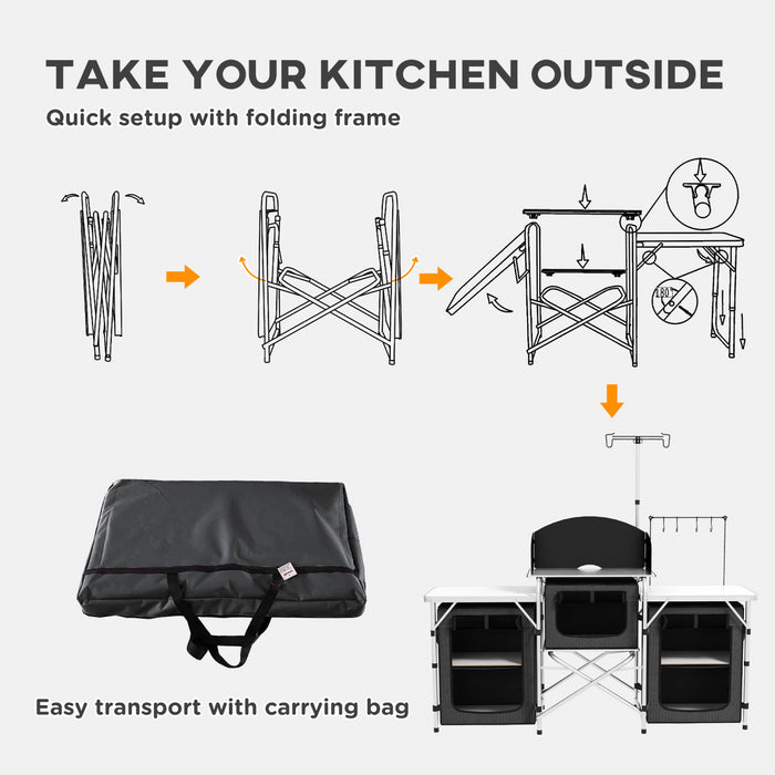 Outsunny Cuisine de camping pliante avec armoires en tissu pare-brise, noir