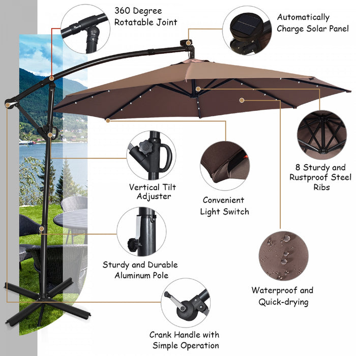 Costway Parasol deporte de patio de 10 pieds, solaire LED, rotation a 360 degres, marron