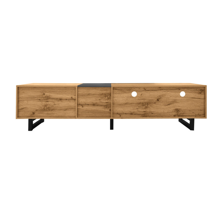 Meuble Tv Moderne Dominic Avec Pieds Metalliques En U, 3 Portes Et 2 Compartiments, Noir/bois Naturel