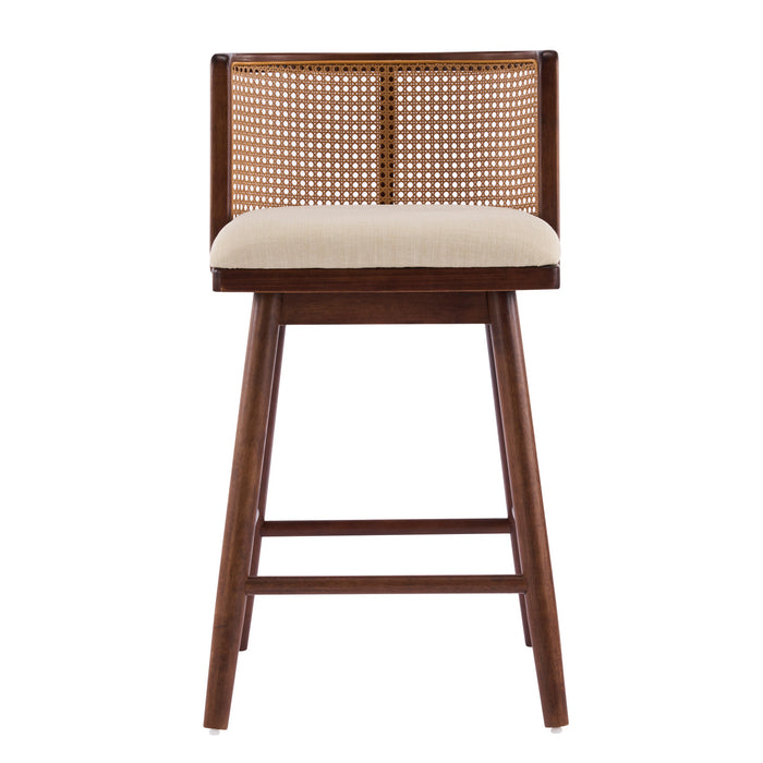 Talia – Lot de 4 tabourets de bar de hauteur comptoir en bois avec dossier en rotin, finition noyer