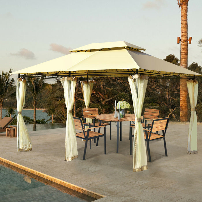 2-tier 10’x13’ Acier Gazebo Canopy Tente Abri Patio Jardin Filet Exterieur Beige
