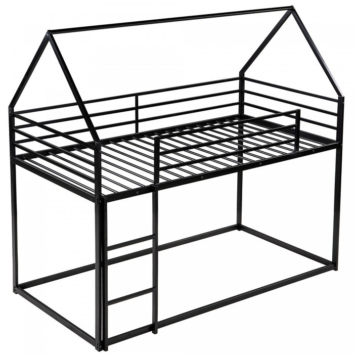 Lits superposes Liam en forme de maison avec echelle integree et cadre en metal, taille Twin sur Twin, noir