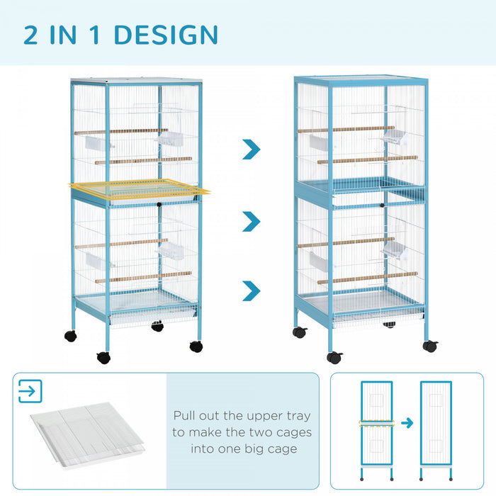 Pawhut 55 Pouces 2 En 1 Cage A Oiseaux Voliere Perruche Maison Pour Pinsons, Perruches Avec Roues, Plateaux Coulissants, Perchoir En Bois, Recipients Alimentaires, Bleu Clair