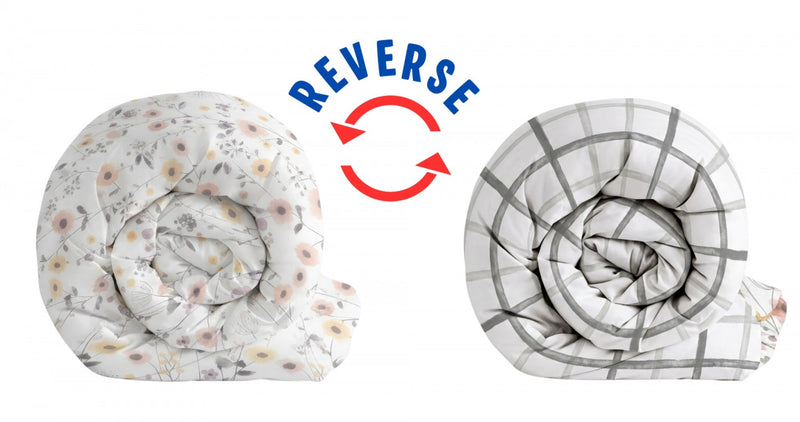 Ensemble Douillette Simple Mirabelle - Literie Reversible a Fleurs Aquarelle Rose et Gris 
