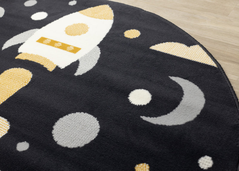Carpette ronde Forte à motif de vaisseau spatial pour enfants - 5 pi 3 po x 5 pi 3 po