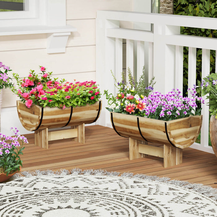 Costway 2 Pcs Exterieur Planteur En Bois Acacia Bois Solide Demi-baril Planteur Boite Avec Jambes