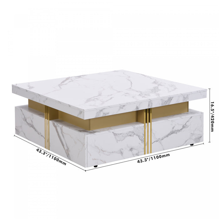 Table Basse Carree Marcia De 43,3\" En Bois Composite Avec Tiroirs De Rangement, Blanche
