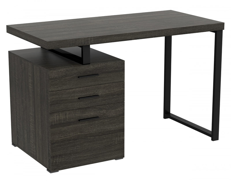 Bureau D’etude 47,25 Po Pour Bureau A Domicile Ou Salle De Jeux – Bois Gris Fonce Avec 3 Tiroirs Et Base En Metal Argente