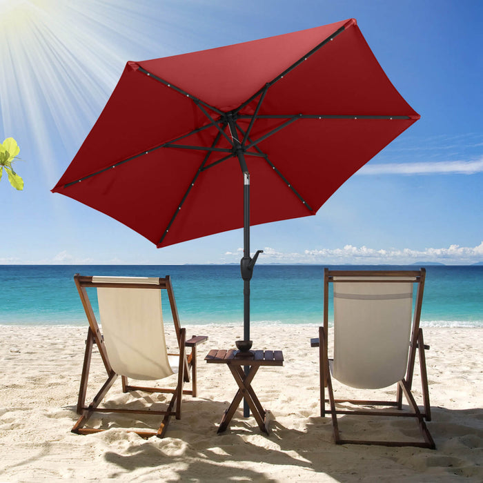 Parasol solaire Costway 7,5 ft avec lumieres LED, inclinaison par bouton-poussoir, manivelle, rouge