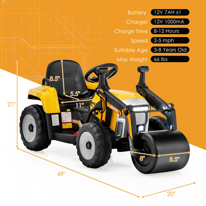 Costway Enfants Roulent Sur La Route Rouleau 12v Tracteur Electrique A Distance W / Musique & Led Jaune Clair