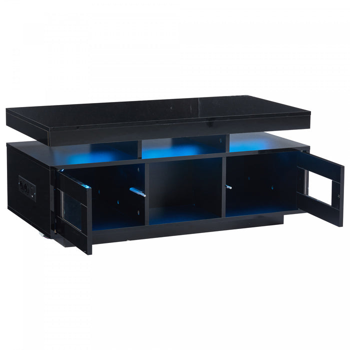 Lumina Table Basse Haute Brillance 39.3 po avec Lumieres LED, Port USB et Portes Transparentes, Noir