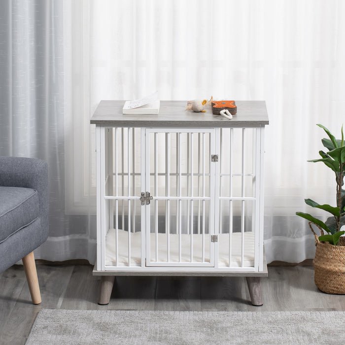 Pawhut Cage Pour Chien Animaux Sur Pied Grand Coussin Amovible Porte Verrouillable En Acier Panneaux De Particules Dim. 25.5\"l X 19\"l X 27.75\"h Blanc Gris