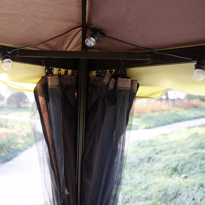 Outsunny 10 X 13pi Cadre En Aluminium Gazebo Canopee Abri De Jardin A Deux Niveaux Avec Filet Et Rideaux, Cafe