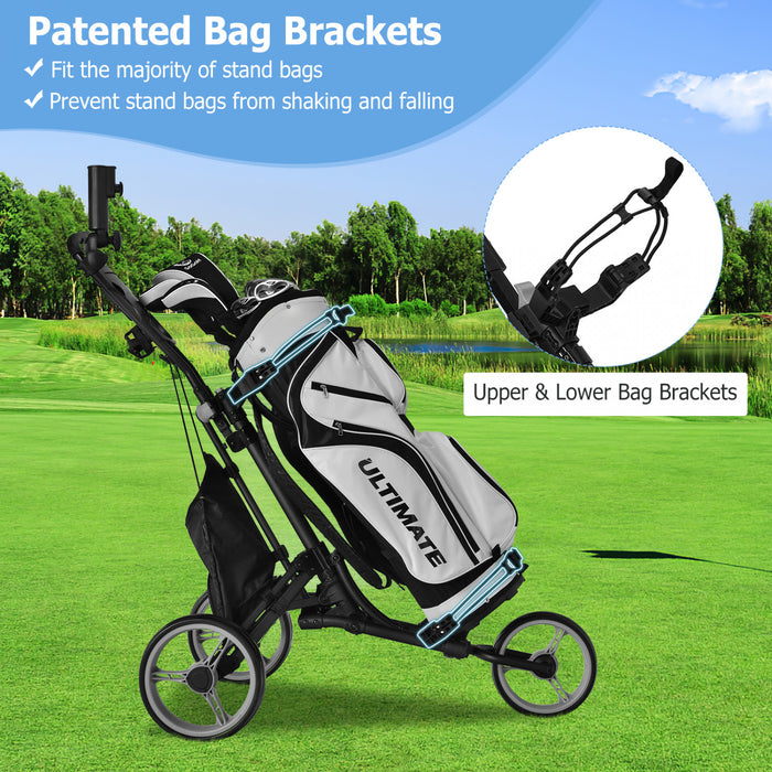 Chariot De Golf Pliable A 3 Roues, 4 Positions De Hauteur Reglables, Chariot De Golf Leger, Chariot De Golf En Aluminium Avec Porte-ombrelle Reglable, Sac Etanche, Glaciere Integree, Frein A Pied, Ouverture Et Fermeture Rapides.