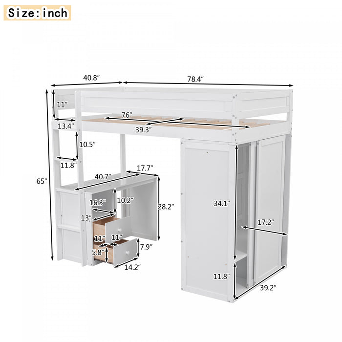 Lit Mezzanine En Bois Massif Jeffrey Avec Armoire, Bureau Et Tiroirs, Blanc