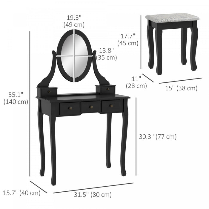 HOMCOM Ensemble coiffeuse en bois, coiffeuse avec miroir rotatif a 360°