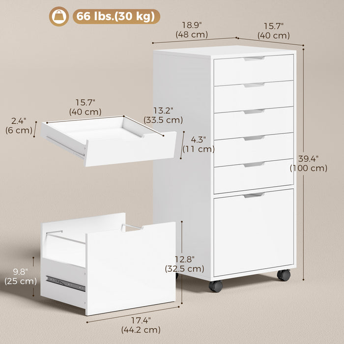 HOMCOM Classeur vertical 5 tiroirs avec roulettes verrouillables, blanc