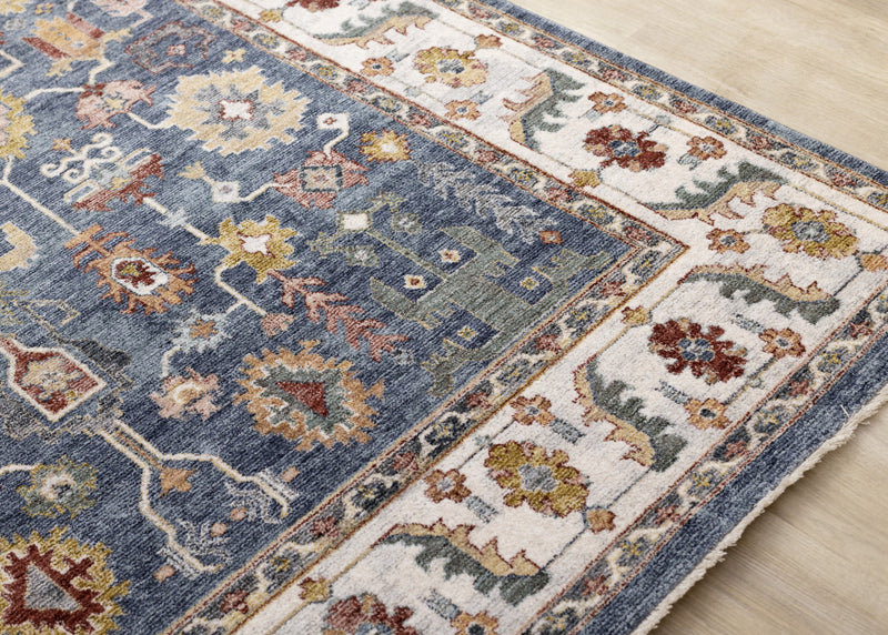 Tapis Olivia bleu a inspire tribal avec bordure, 5'3\" x 7'10\"
