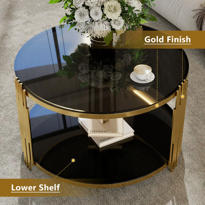 Table Basse Ronde Nancy De 31,5\" Avec Plateau Miroir Et Etagere Inferieure, Noire