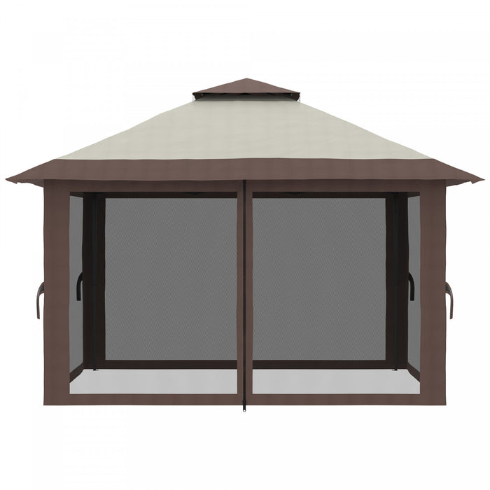 Outsunny 13' X 13' Pop Up Canopy Avec Parois Laterales En Maille, Abri De Tente A Canopy Facile Avec Toit A 2 Niveaux, Sac De Transport Sur Roues, Arriere-cour, Patio, Pelouse, Beige