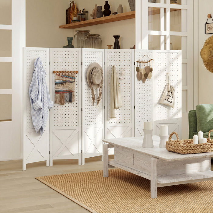 HOMCOM Paravent a 6 Panneaux avec Panneau Perfore pour Interieur, Blanc