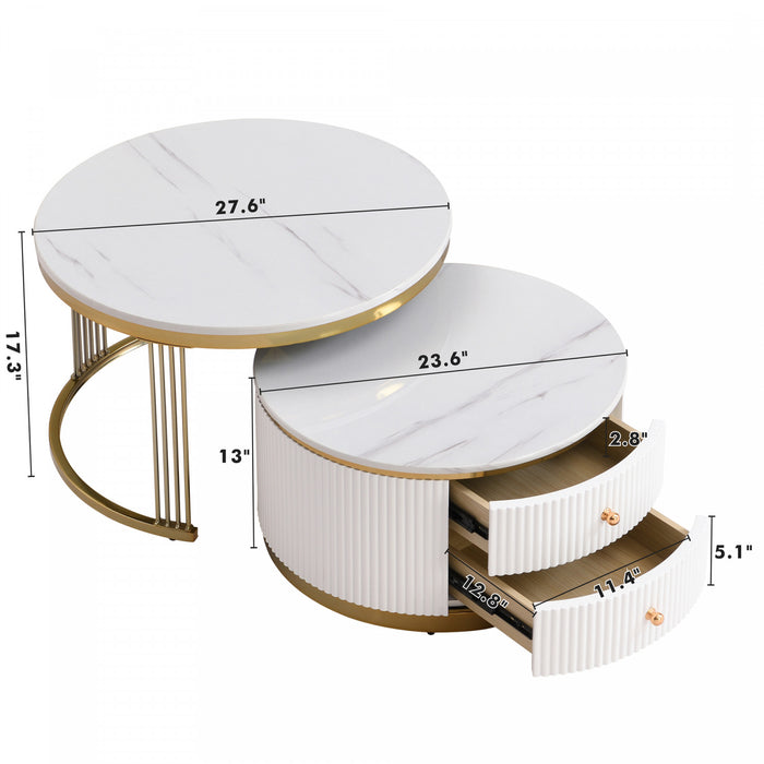 Table Basse Ronde Moderne Thomas De 27,6\" Avec 2 Tiroirs De Rangement, Blanche