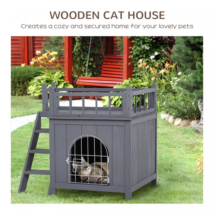 Pawhut Abri Pour Chats En Bois, Exterieur, Etanche Et Sureleve, A Deux Niveaux, Avec Balcon, Gris