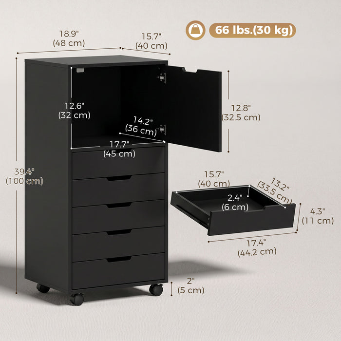 HOMCOM classeur vertical 5 tiroirs sur roulettes verrouillables, noir