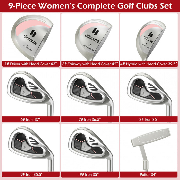 Costway 9 Pcs Femmes Complete Golf Club Set A Main Droite Avec 460cc Alliage Driver Fers Rose