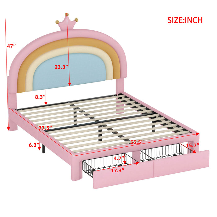 Lit Princesse Arc-en-ciel Maggie Tapisse Avec Tiroir De Rangement Et Cadre Plateforme En Velours, Taille Full, Rose