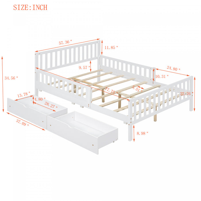 Emma – Lit Plateforme en Bois avec Barrieres de Protection et Tiroirs de Rangement, Format Double - Blanc