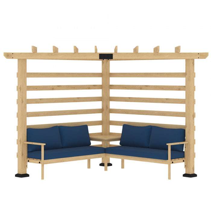 Outsunny Pergola D'angle 8.7' X 8.7' Avec Ensemble De Conversation Et Coussins, Pergola D'exterieur En Bois De Sapin Avec Table D'appoint Pour Jardin, Terrasse, Naturel Et Bleu