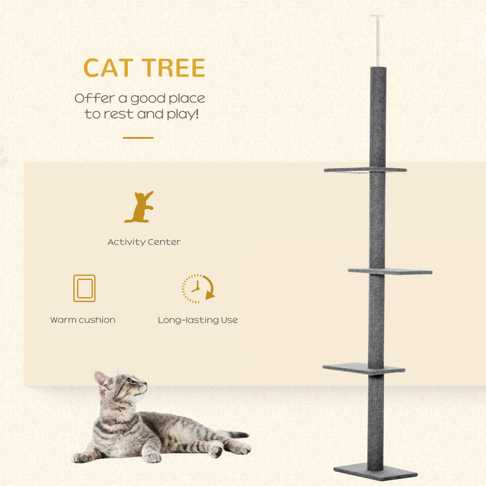 Pawhut 100\" Arbre A Chat Du Sol Au Plafond Avec 3 Perchoirs Centre D'activites Pour Chatons Cat Tower Furniture Gris