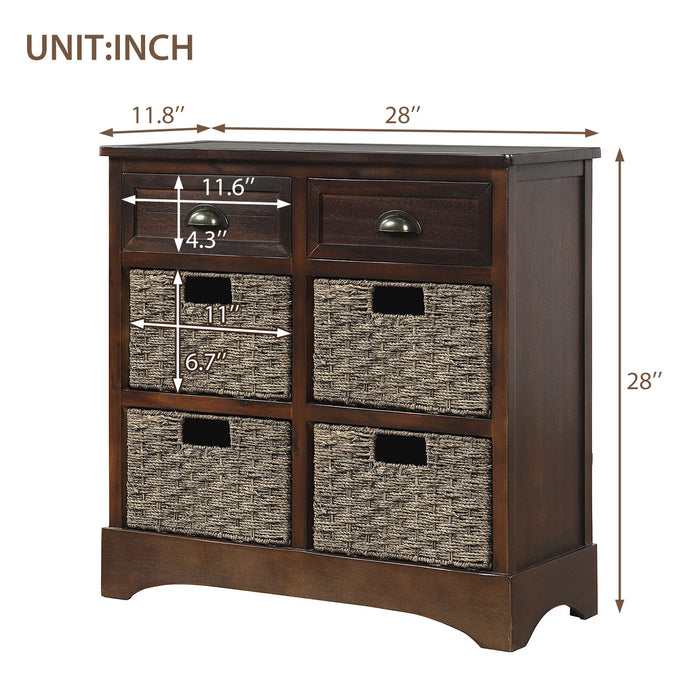 Buffet De Rangement Tobey En Bois Massif Avec 2 Tiroirs Et 4 Paniers En Rotin, Espresso