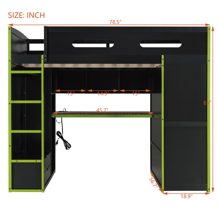 Jerry Lit mezzanine en bois avec bureau et rangement, Taille Double, Vert