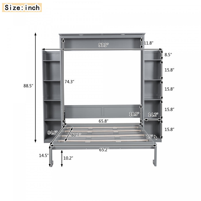 Lit Mural Escamotable Glenn En Bois Composite Avec Etageres Et Eclairage Led, Taille Queen, Gris