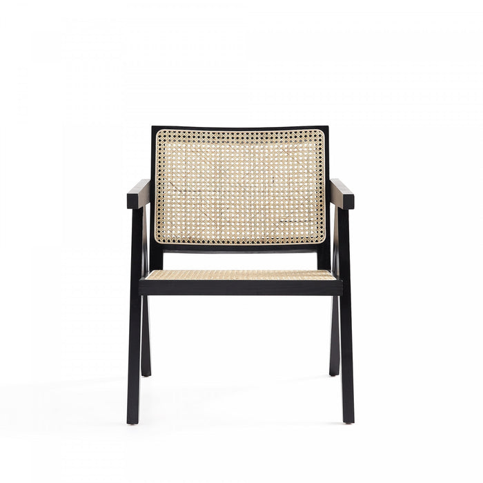 Fauteuil d’appoint industriel chic Hamlet avec dossier en cannage, bois noir et naturel – Lot de 2